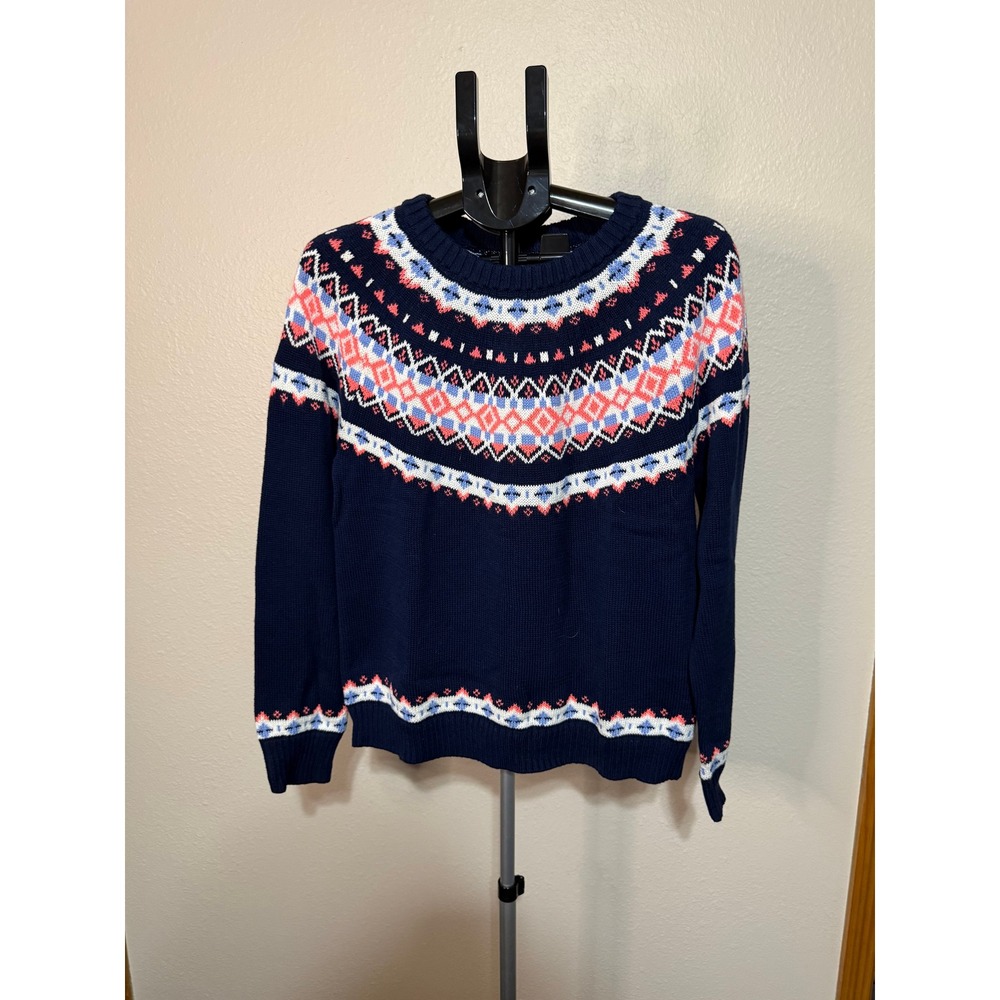J.Crew Navy Fair Isle Crewneck Sweater XL Blue Coral White Knit Pullover